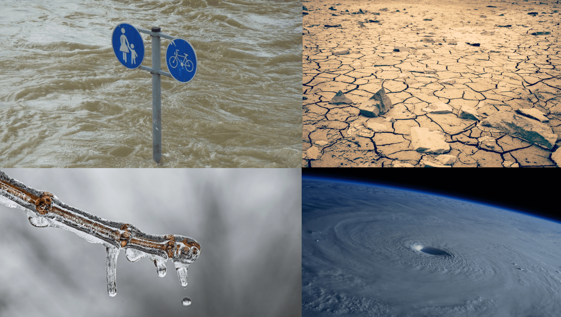 Montage von Bildern, die ein von Dürre heimgesuchtes Gebiet, einen völlig ausgetrockneten Erdboden, einen Wirbelsturm und extreme Kälte zeigen.